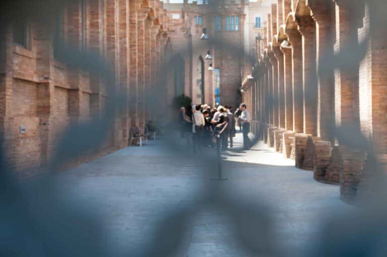 A group of visitors seen at the CaixaForum Museum in Barcelona.