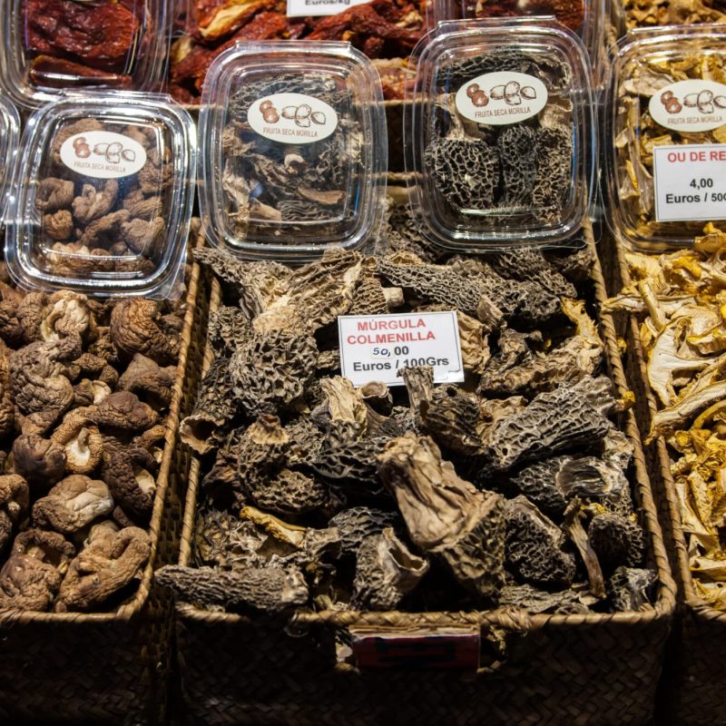 Seasonal mushrooms at the Boqueria Market.