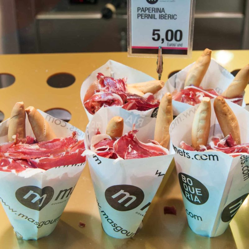 A quick taste of Spanish cured meats at the Boqueria Market.