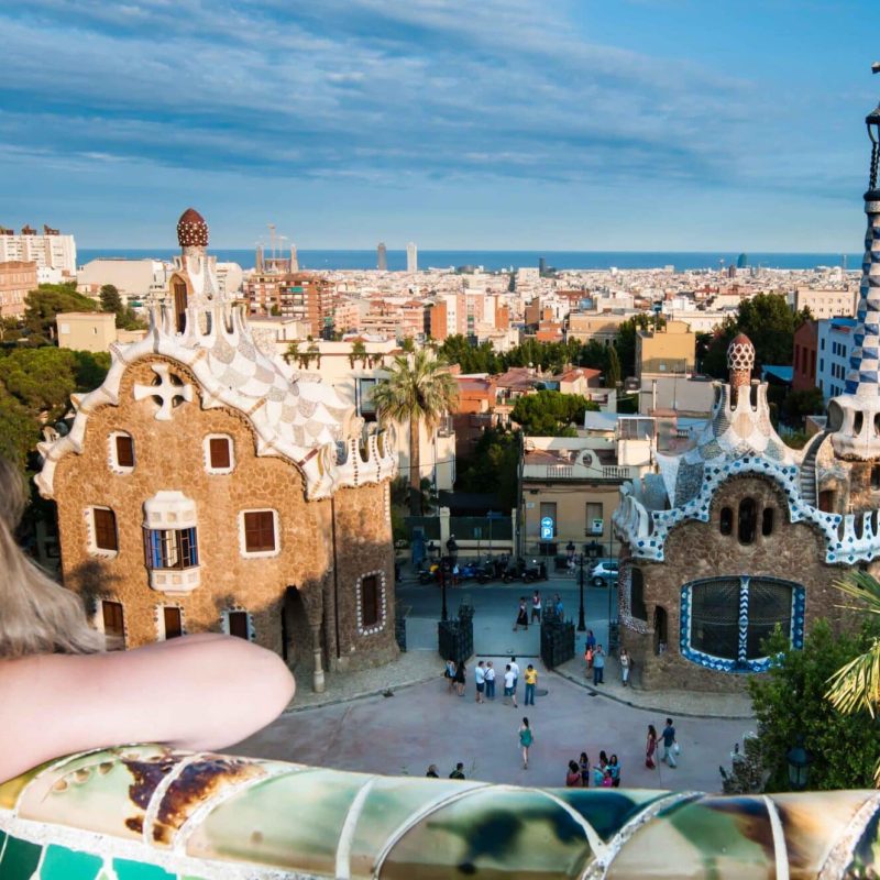 The Park Guell gate houses and the Mediterranean.