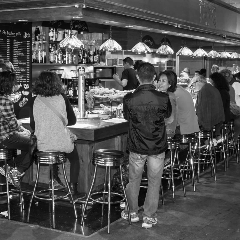 One of many bars to eat at the Boqueria Market.