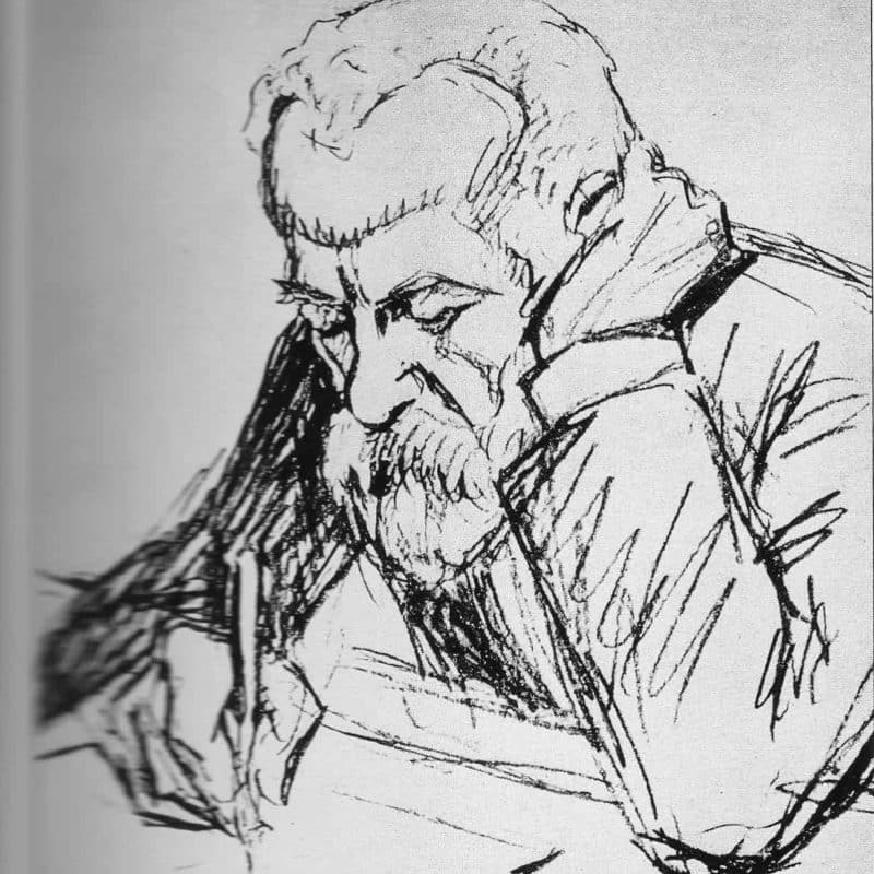 A sketch of an elderly Gaudi at work at his desk drafting plans.