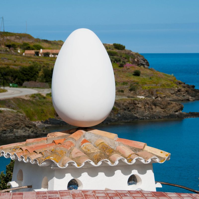 An egg sits atop his chicken coup.